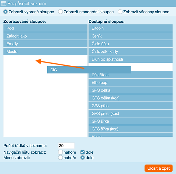 Nastavení seznamu záznamů