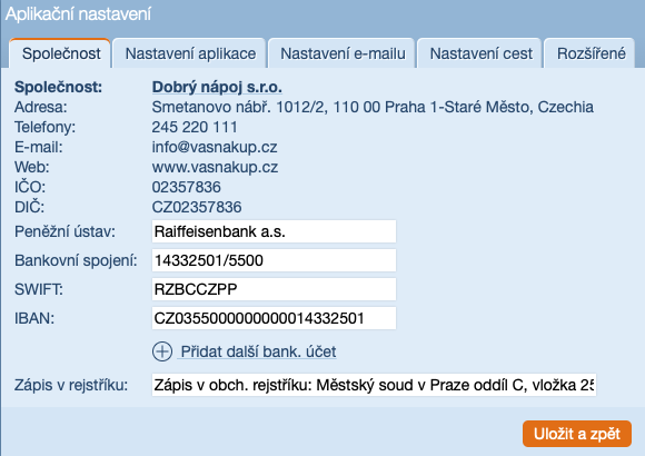 Aplikační nastavení - Společnost