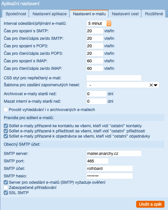 Aplikační nastavení - Nastavení e-mailu
