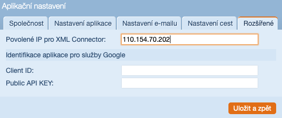Aplikační nastavení - Rozšířené