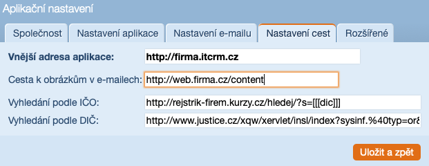 Aplikační nastavení - Nastavení cest