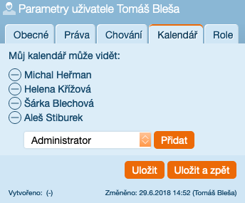 Profil uživatele - Kalendář